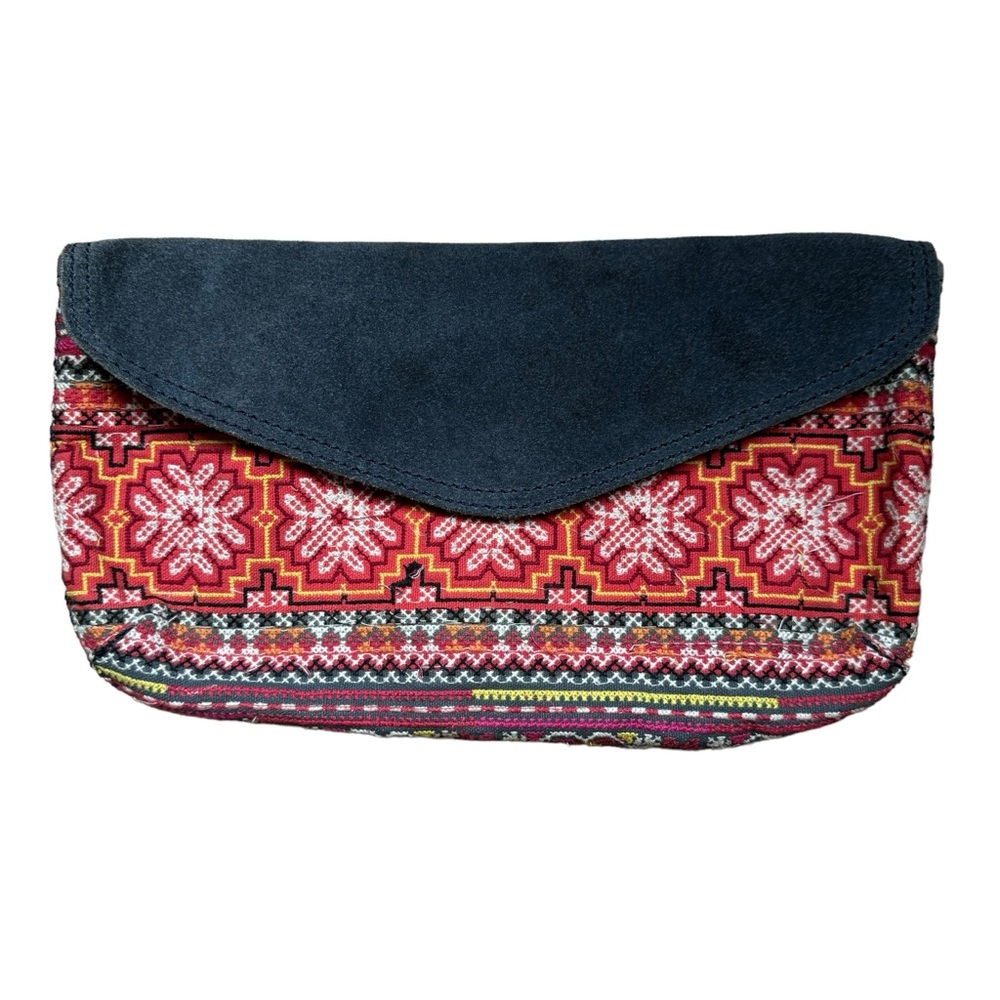 Lucky Brand Embroidered Floral and Suede Clutch Bag Boho Colorful Southwestern - Picture 1 of 7